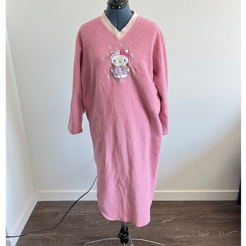 Sanrio Hello Kitty Pink Long-Sleeve Fleece Nightgown S Kawaii Soft Girl Coquette